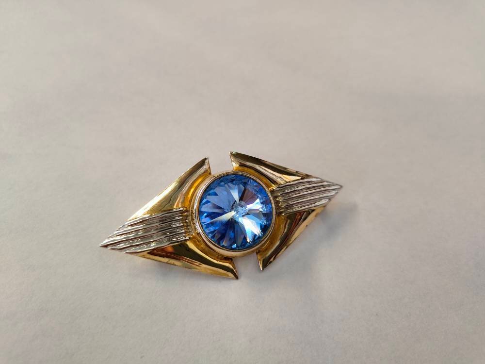 Spilla modernista vintage Fitali argento 925 con maxi cristallo blu 6,5 cm | Italian mid-century statement brooch raro e collezionabile