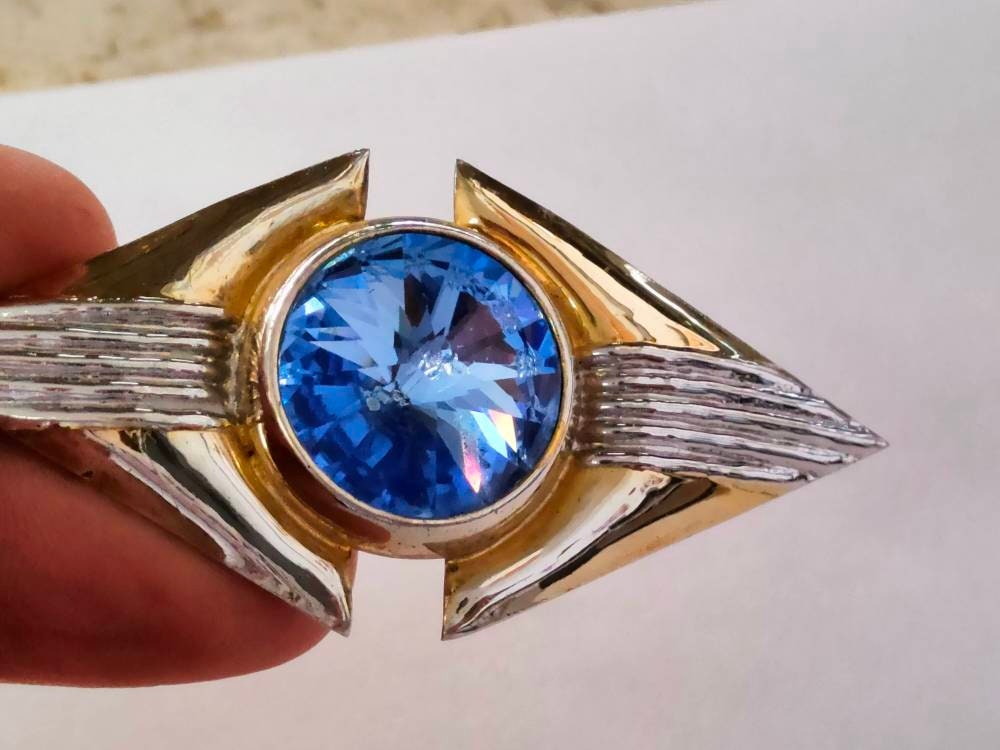 Spilla modernista vintage Fitali argento 925 con maxi cristallo blu 6,5 cm | Italian mid-century statement brooch raro e collezionabile