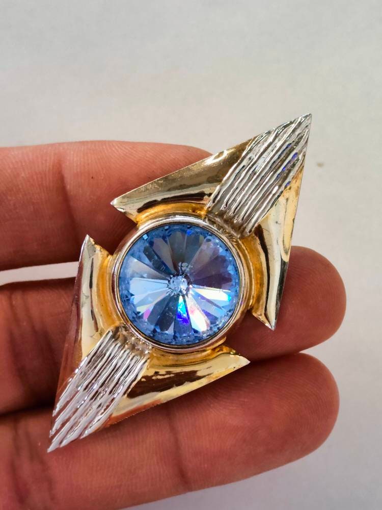 Spilla modernista vintage Fitali argento 925 con maxi cristallo blu 6,5 cm | Italian mid-century statement brooch raro e collezionabile