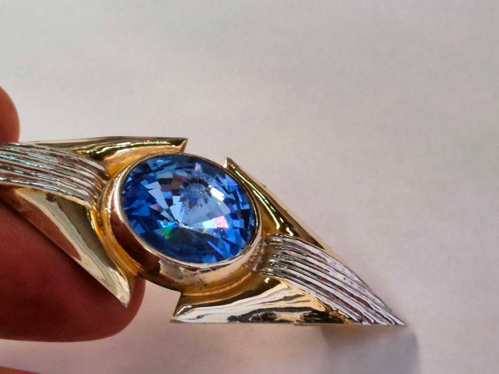 Spilla modernista vintage Fitali argento 925 con maxi cristallo blu 6,5 cm | Italian mid-century statement brooch raro e collezionabile