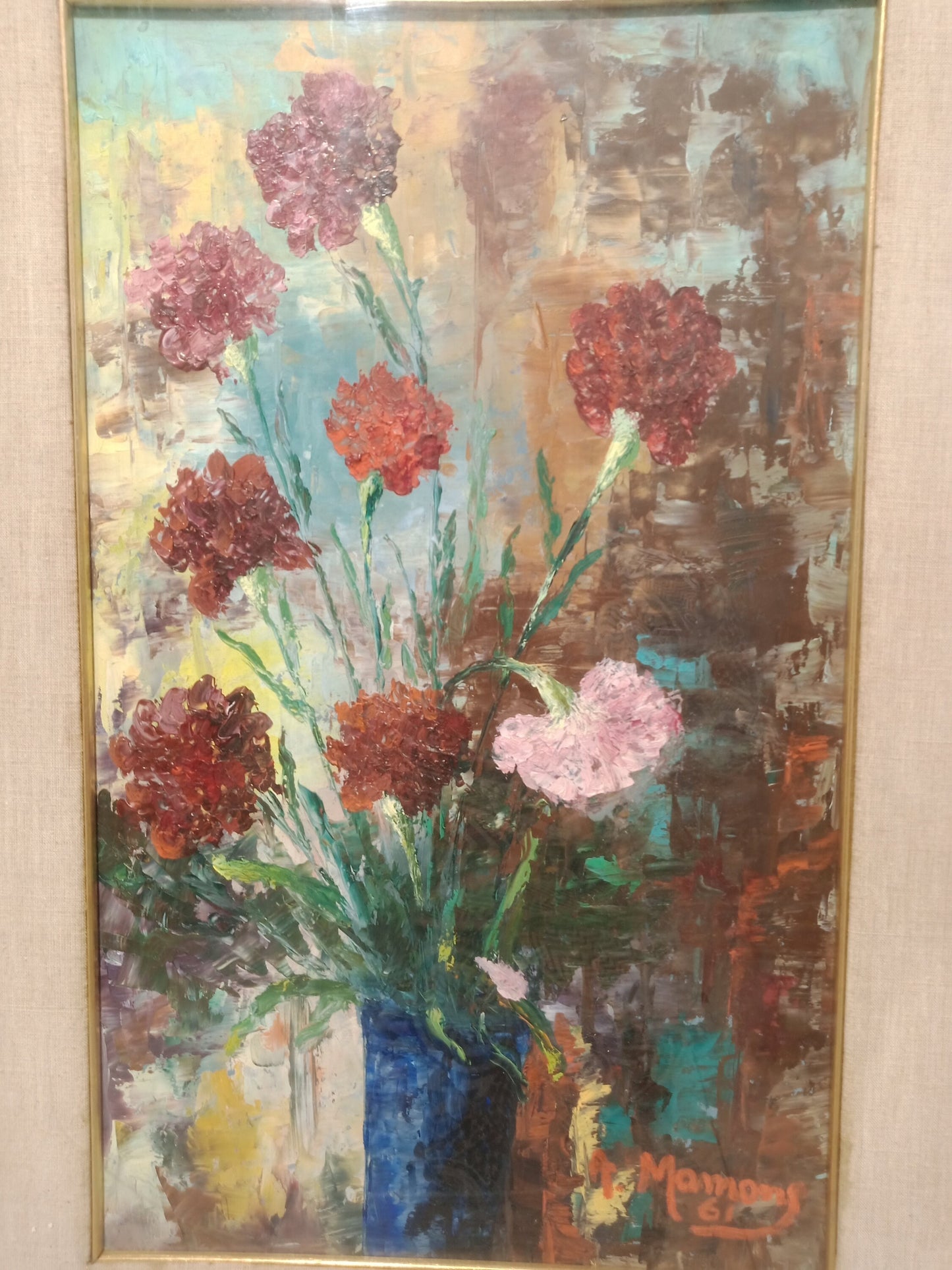 Quadro Dipinto su Pannello - Vaso Blu con Fiori Colorati - Dimensioni 29 x 47 cm