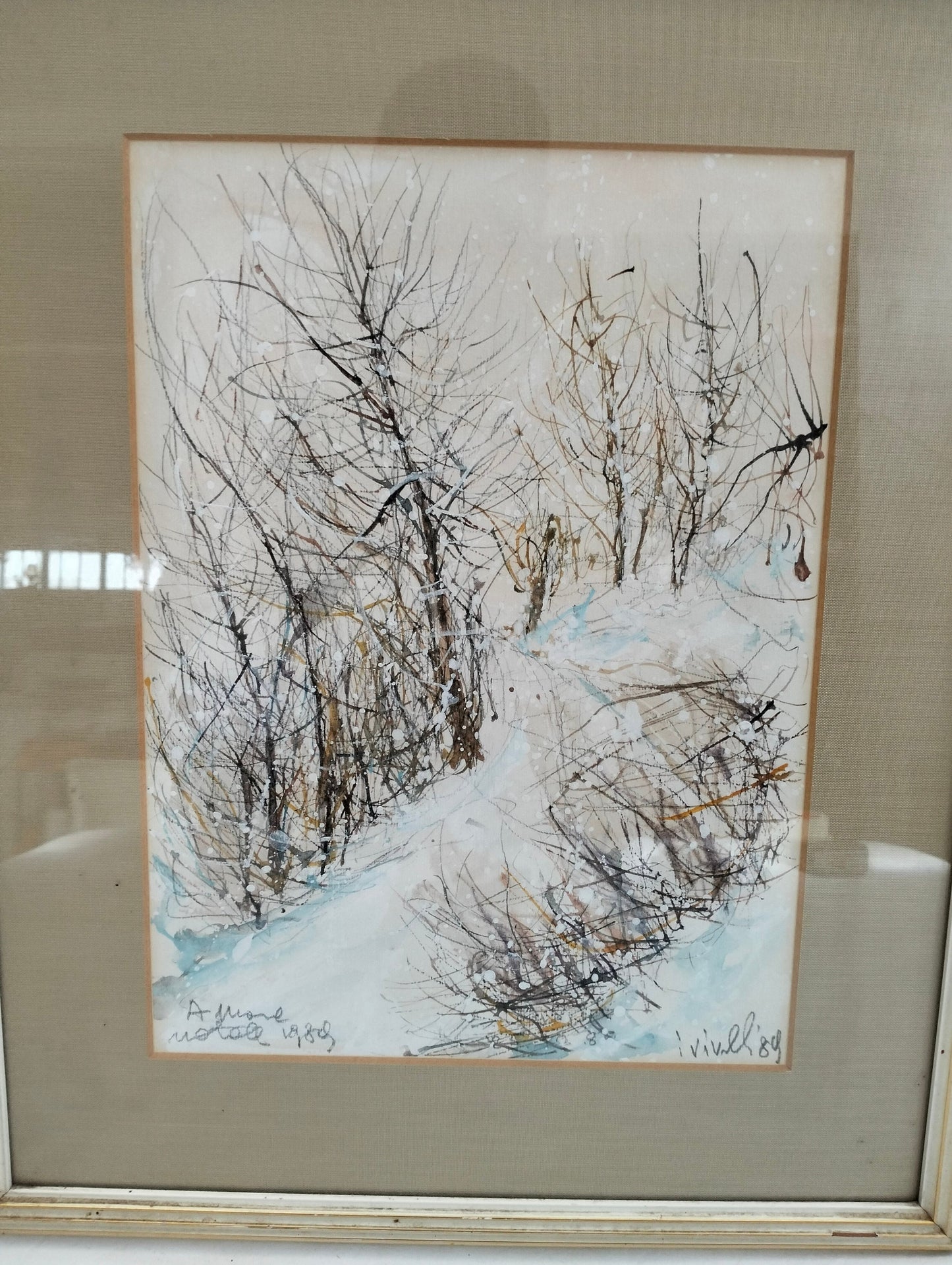 Quadro acquerello sentiero nevoso