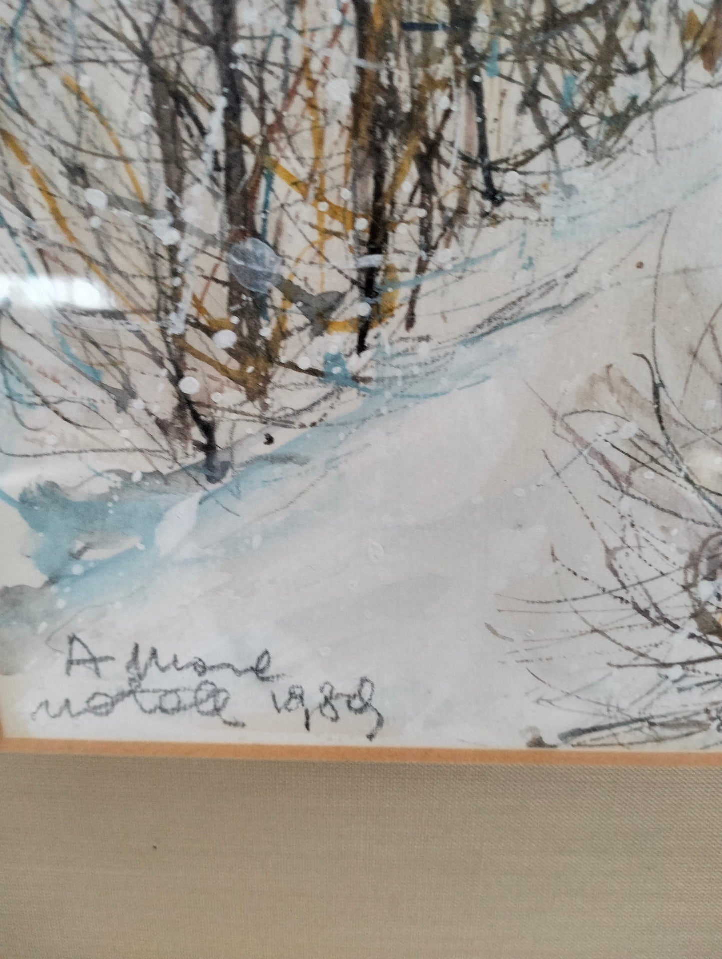 Quadro acquerello sentiero nevoso