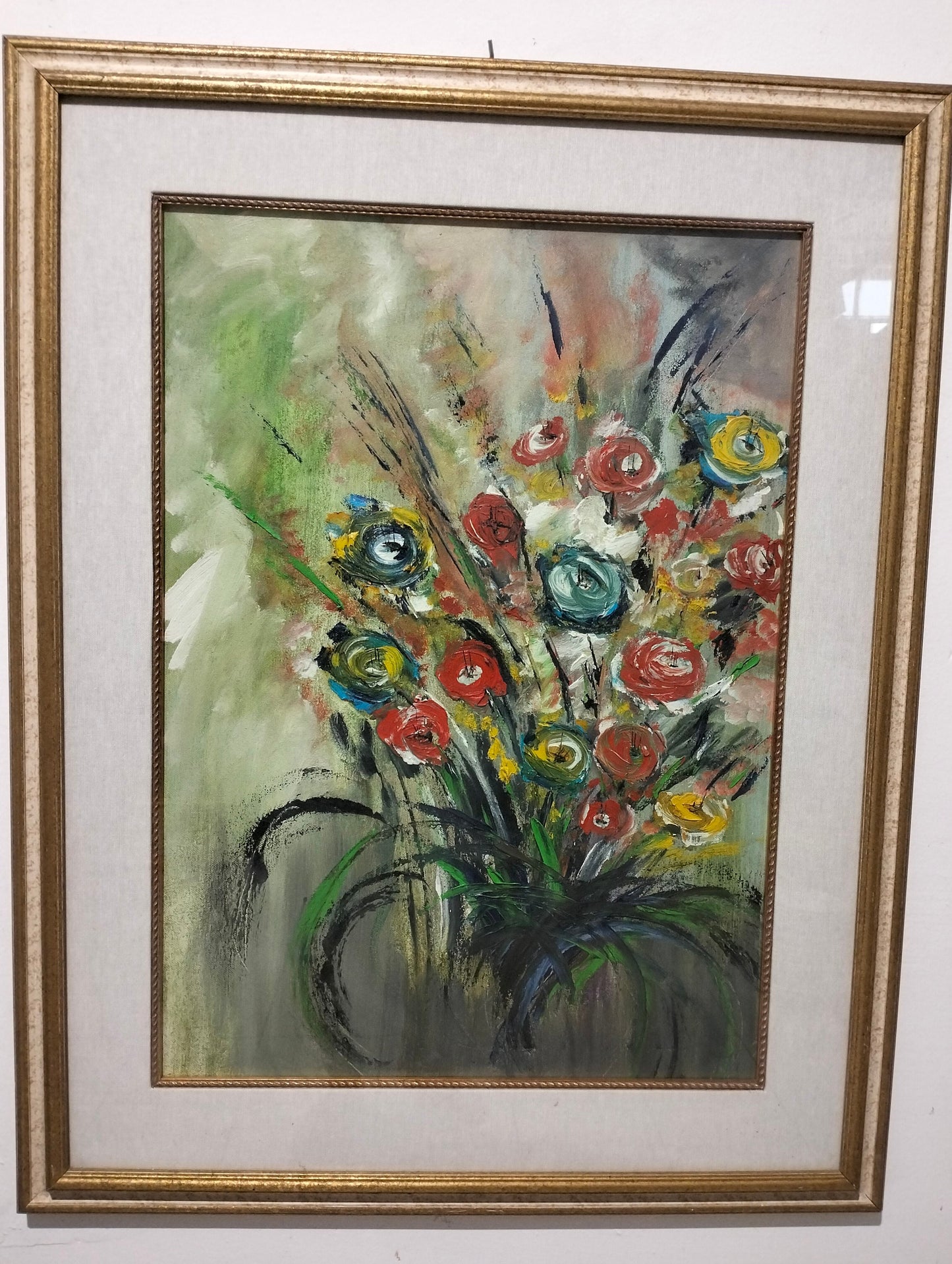 Quadro dipinto a mano vaso con fiori colorati