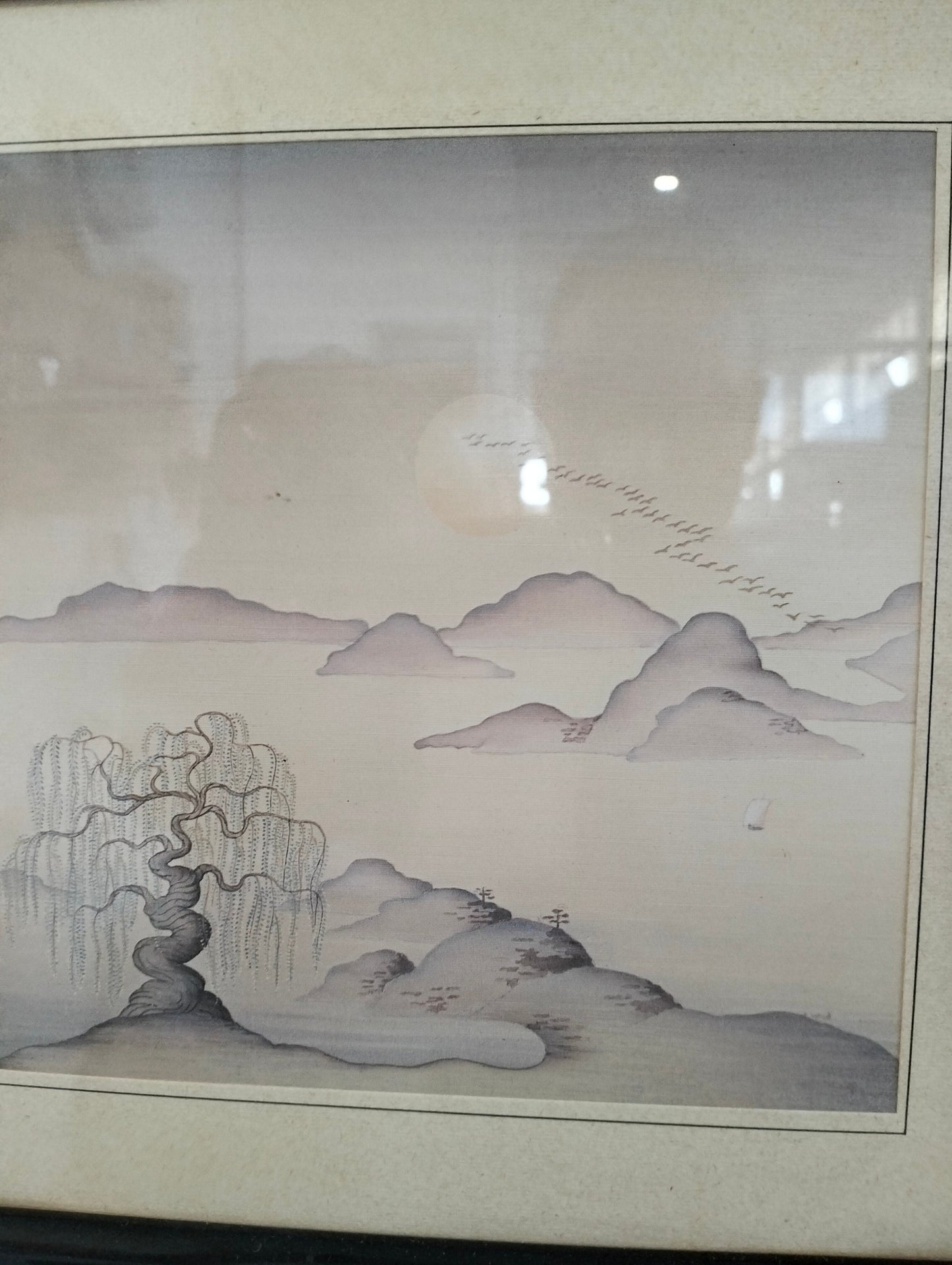 Quadro stampo su tessuto con mare e monti