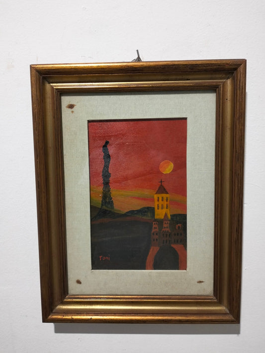 Quadro a olio vista paese con la chiesa e statua al calcolare del sole