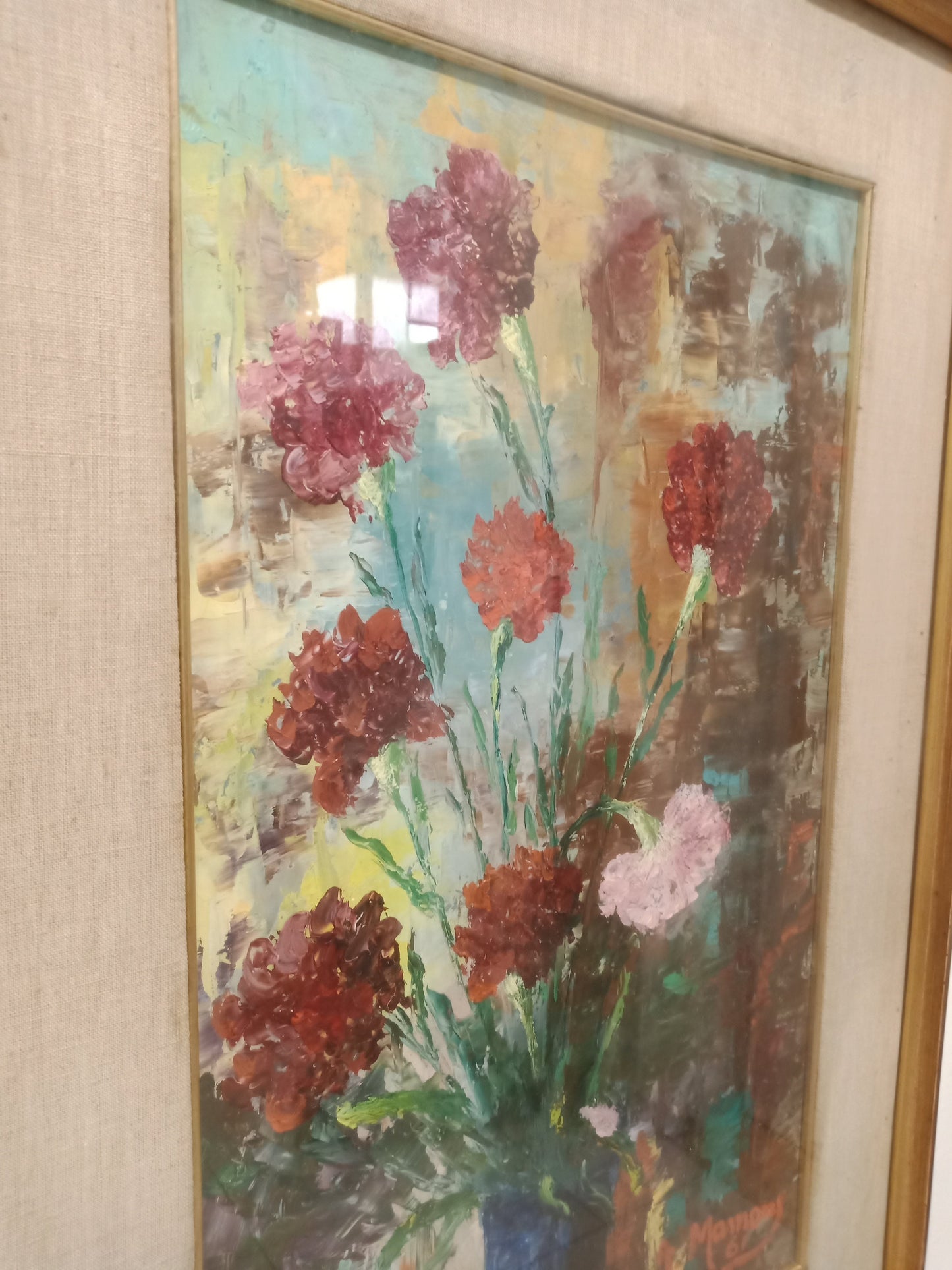 Quadro Dipinto su Pannello - Vaso Blu con Fiori Colorati - Dimensioni 29 x 47 cm