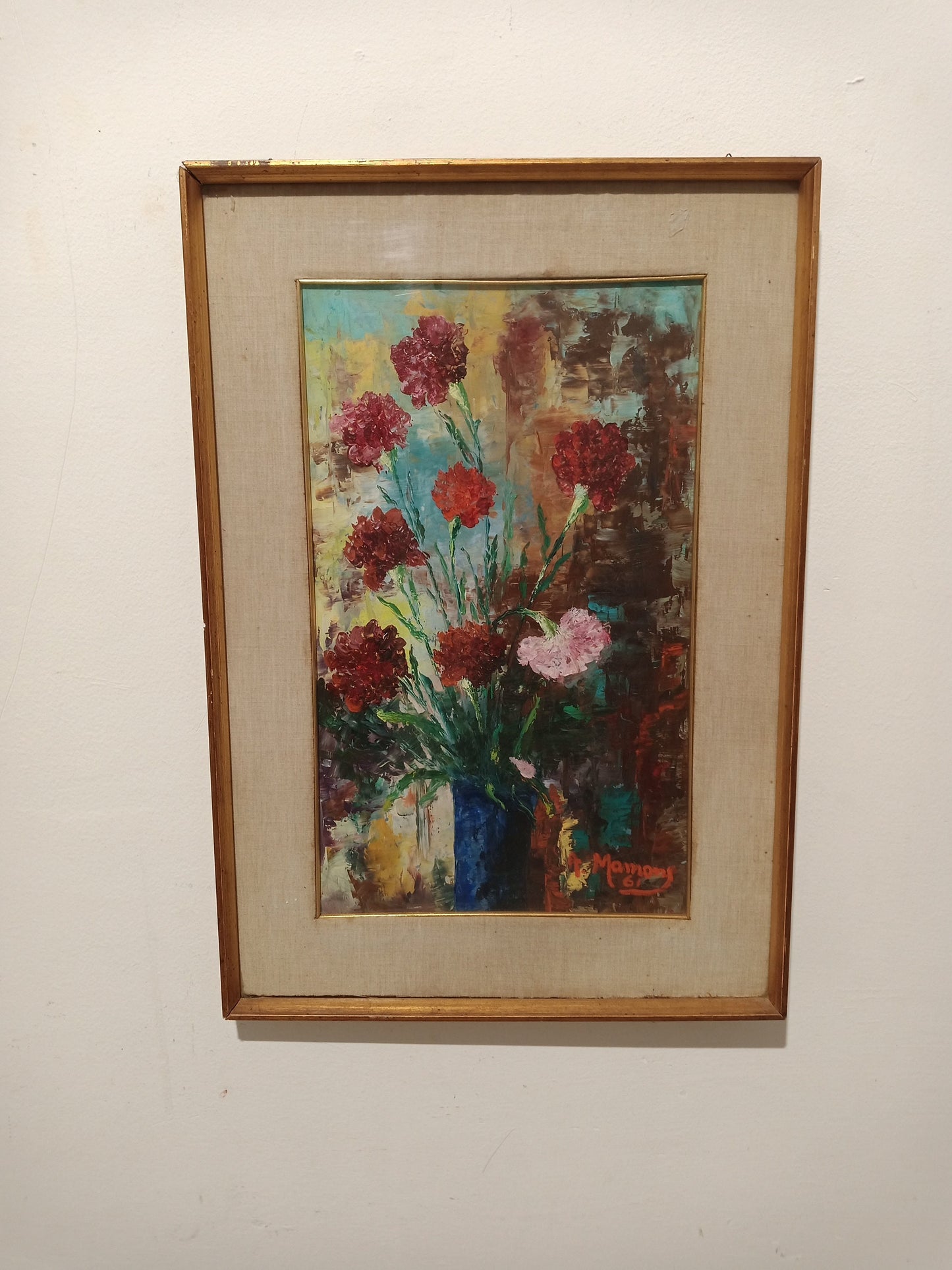 Quadro Dipinto su Pannello - Vaso Blu con Fiori Colorati - Dimensioni 29 x 47 cm