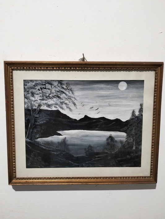 Quadro a olio montagne e colline con lago dipinti di nero