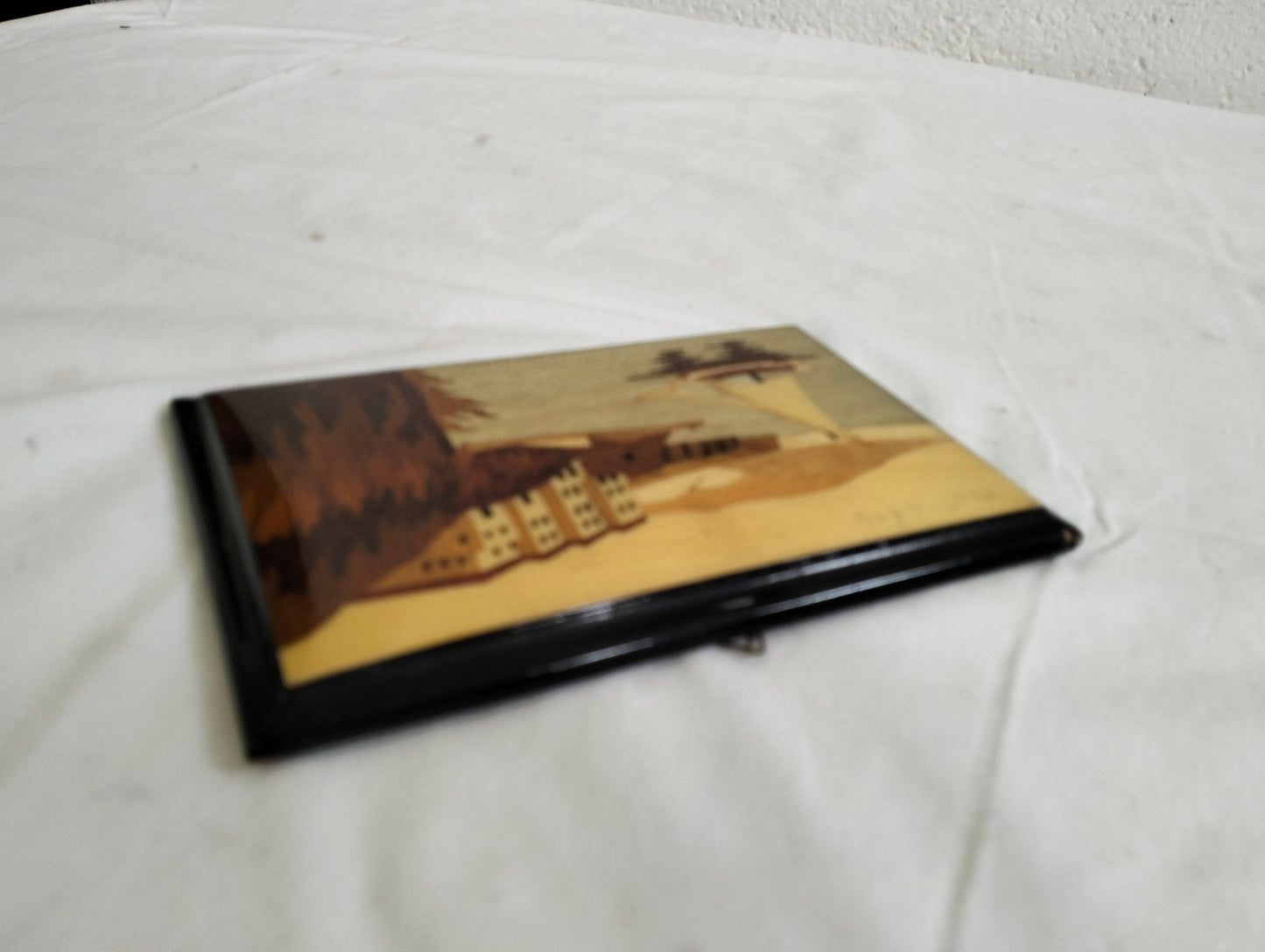 Quadro su legno intarsiato Vista Sorrento con mare e scogli | Decorazione artigianale italiana,regalo made in Italy , arte costiera italiana