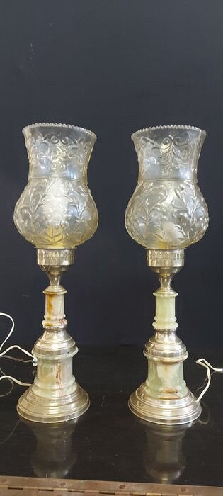 Coppia lampade da comodino vintage anni 50/60 in marmo e argento 800 con coppe in vetro eleganza rétro funzionanti