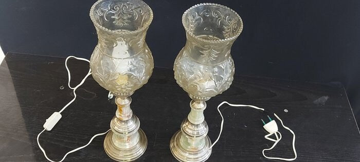 Coppia lampade da comodino vintage anni 50/60 in marmo e argento 800 con coppe in vetro eleganza rétro funzionanti