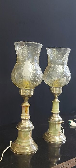 Coppia lampade da comodino vintage anni 50/60 in marmo e argento 800 con coppe in vetro eleganza rétro funzionanti