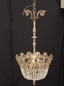 Lampadario francese a tenda e borsa in ottone/bronzo con cristalli - Un vero colpo d'occhio!