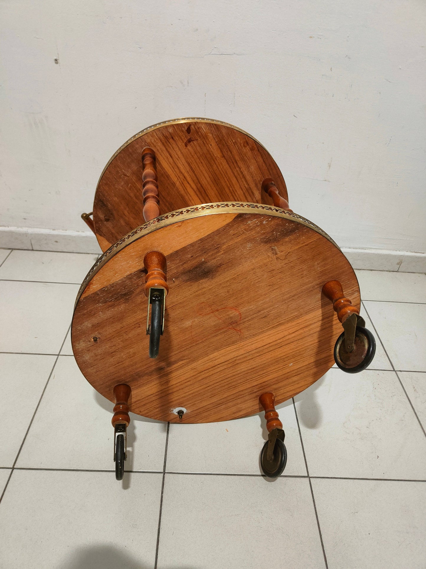 Carrello Bar Tondo Cocktail Tea Trolley Italian Hollywood Regency Intarsiato Vintage Ottone Tavolino 1950 Tavolino 3- Portabottiglie