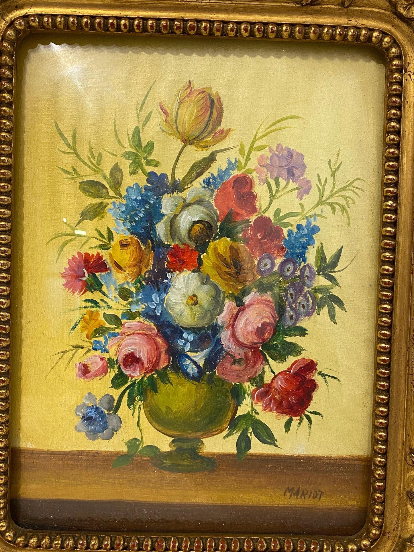 Coppia di Quadretti con Cornice Dorata firmati Mariot - Vasi con Fiori (24x30 cm)