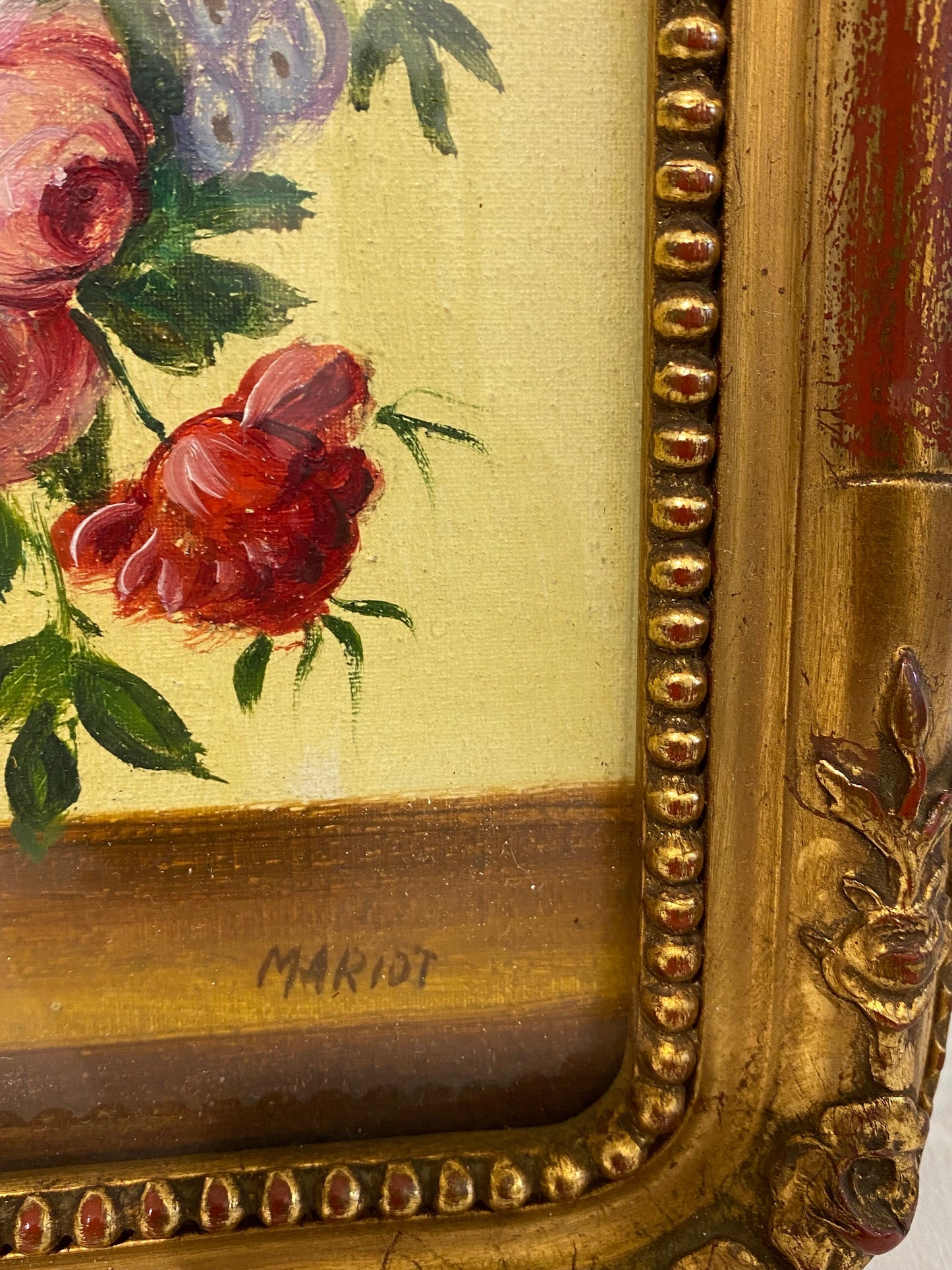 Coppia di Quadretti con Cornice Dorata firmati Mariot - Vasi con Fiori (24x30 cm)