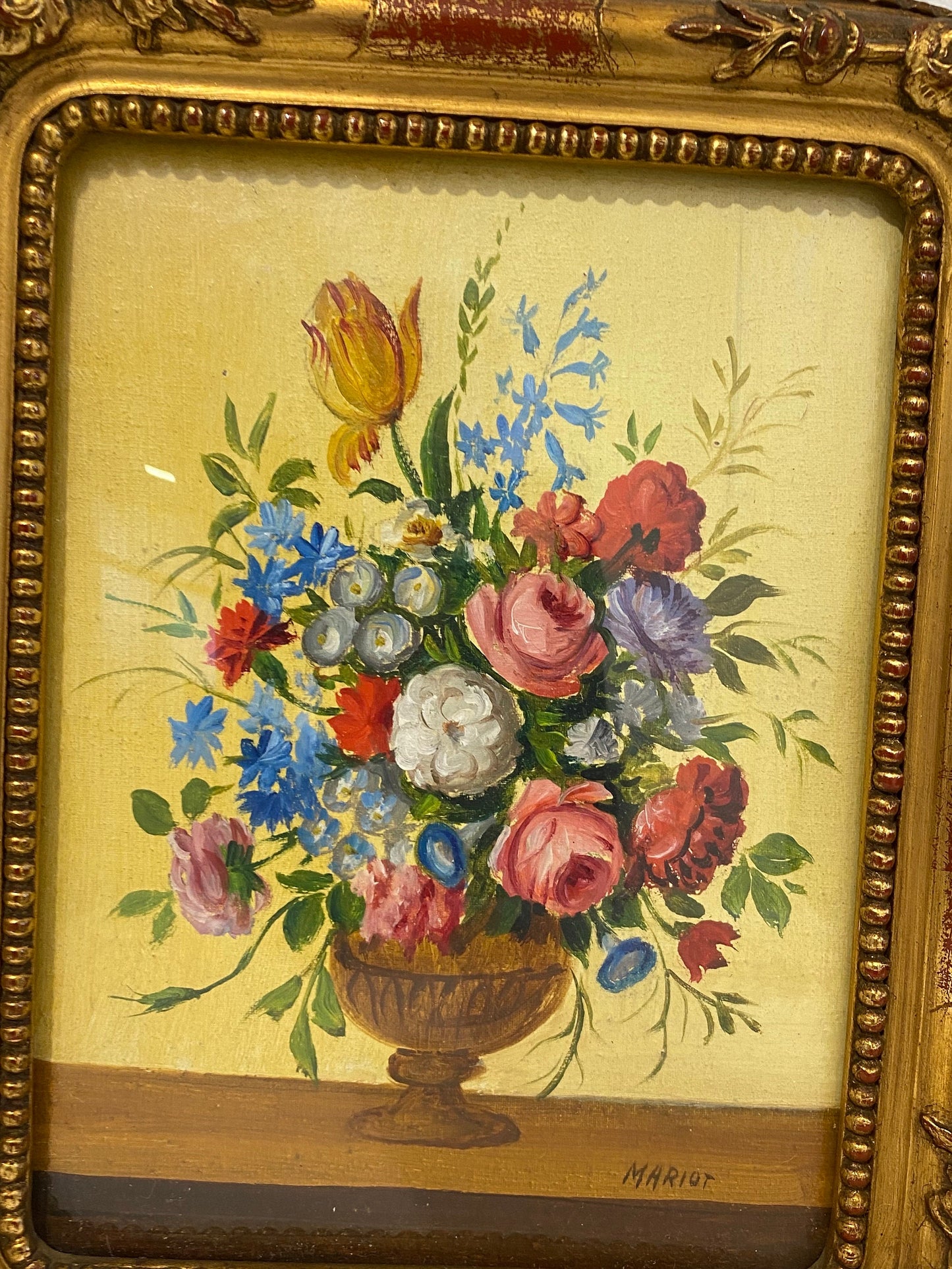 Coppia di Quadretti con Cornice Dorata firmati Mariot - Vasi con Fiori (24x30 cm)
