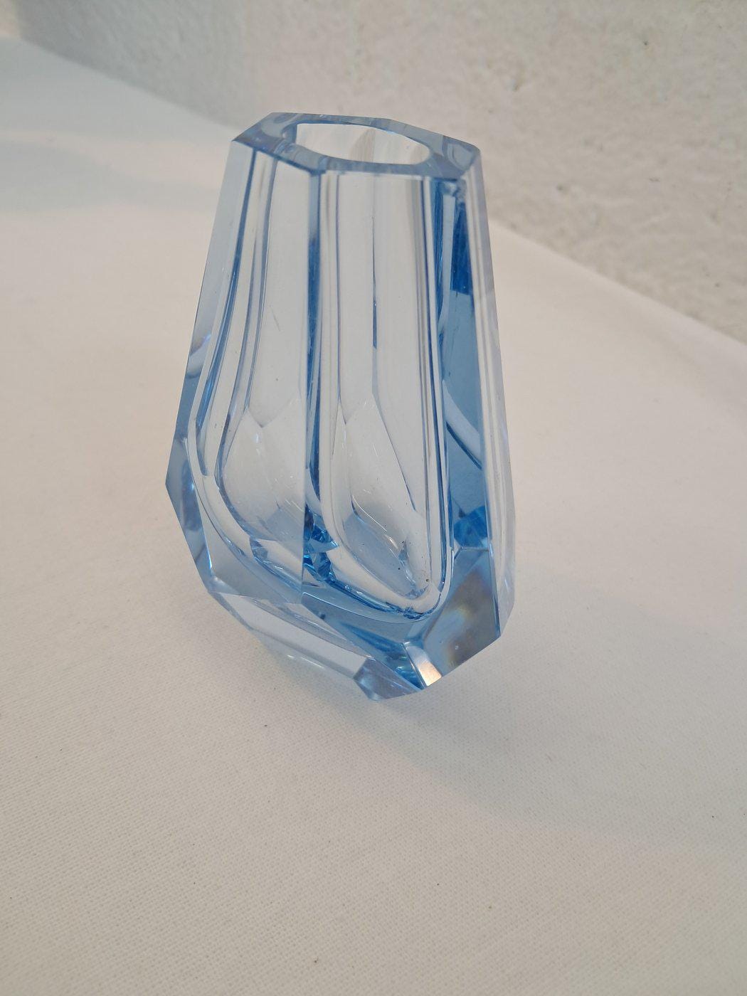 Vaso Art Deco Anni '30 in Cristallo Celeste 10x8,5x5 cm (4"x3,3"x2") Vintage raro da collezione