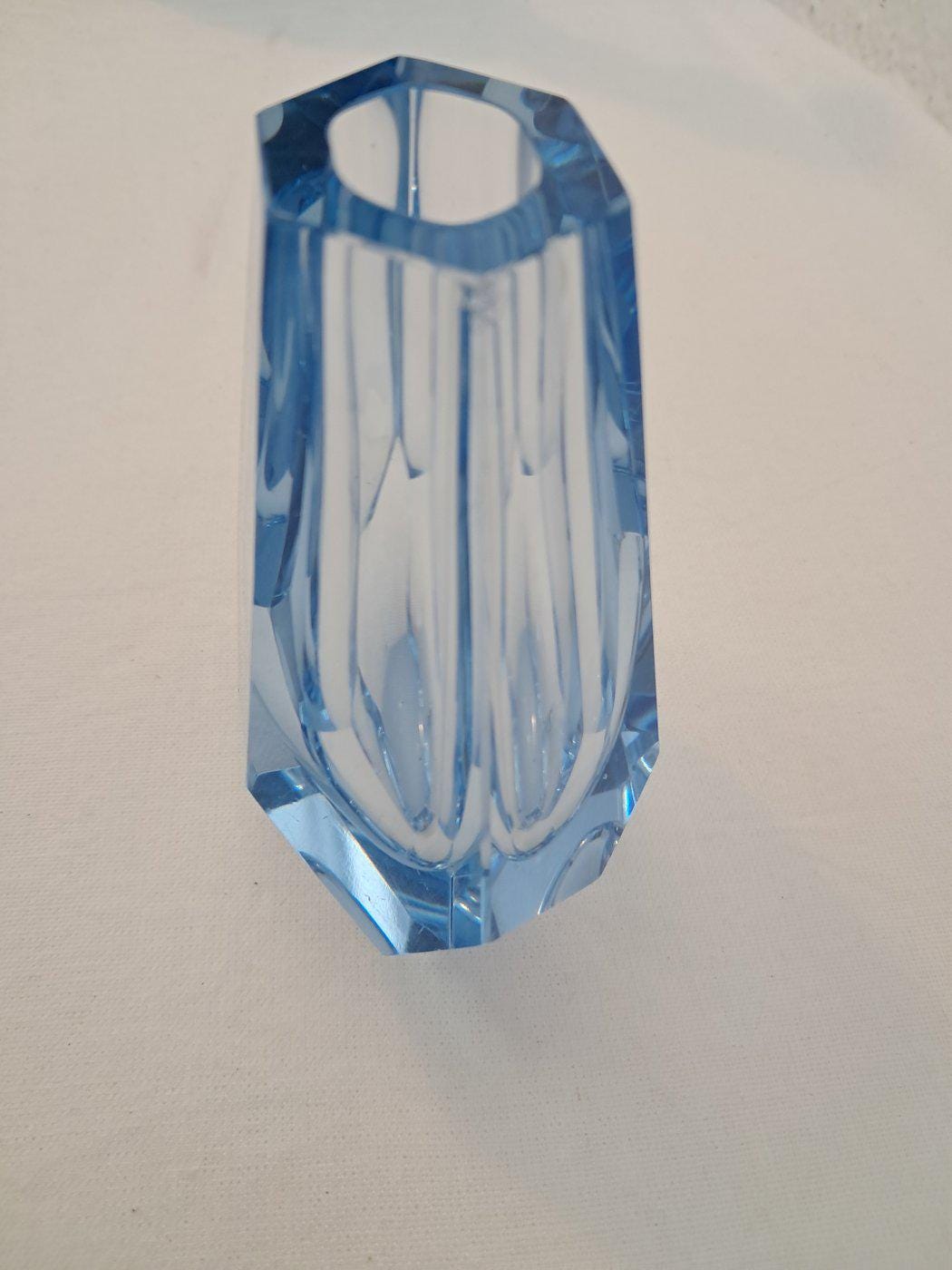 Vaso Art Deco Anni '30 in Cristallo Celeste 10x8,5x5 cm (4"x3,3"x2") Vintage raro da collezione
