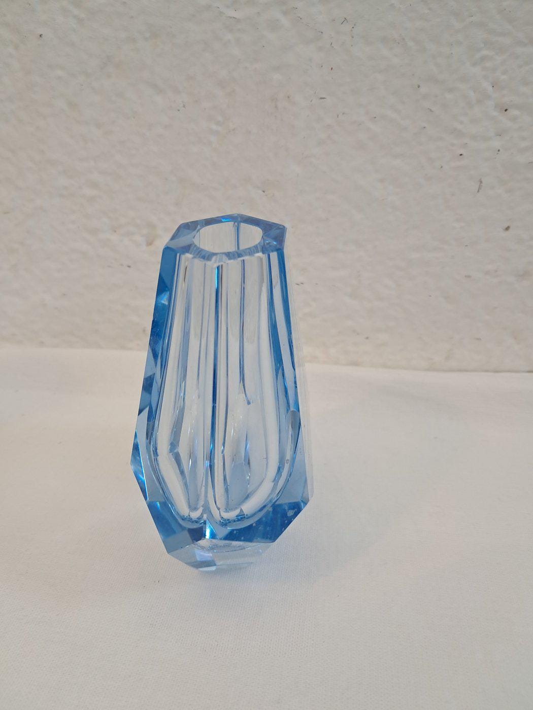 Vaso Art Deco Anni '30 in Cristallo Celeste 10x8,5x5 cm (4"x3,3"x2") Vintage raro da collezione