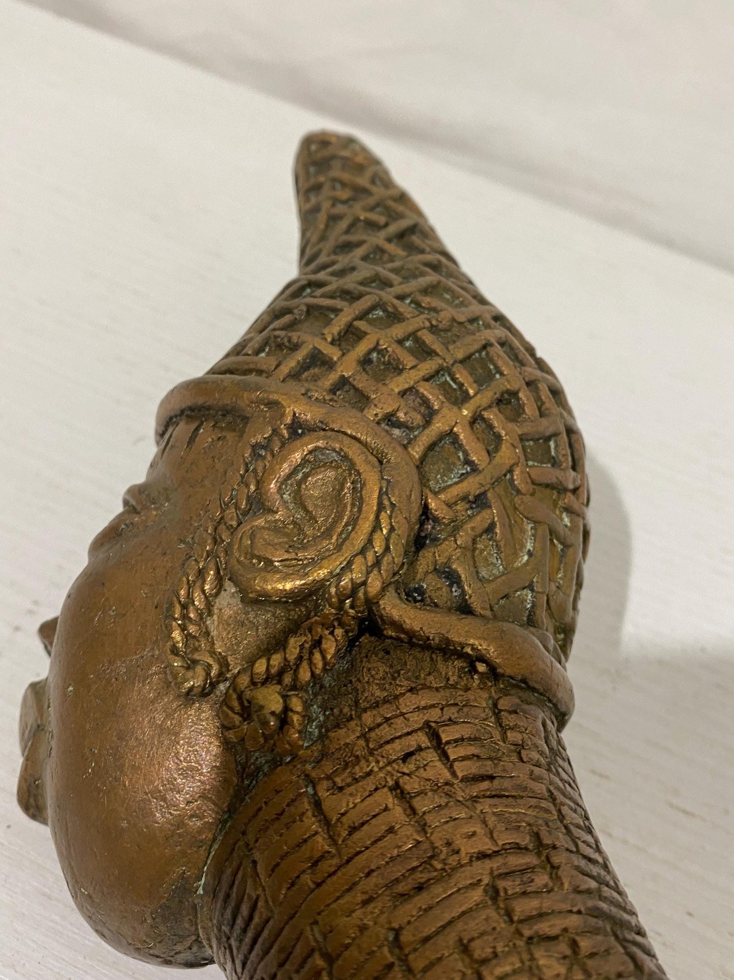 Benin Tribal Head in Vintage Bronze - Braided Design - 21x11x8 cm