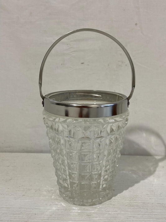 Secchiello per Ghiaccio Vintage in Vetro e Acciaio Inox - Design Elegante con Scanalature - Misure 14 cm (5.5") x 11 cm (4.3")