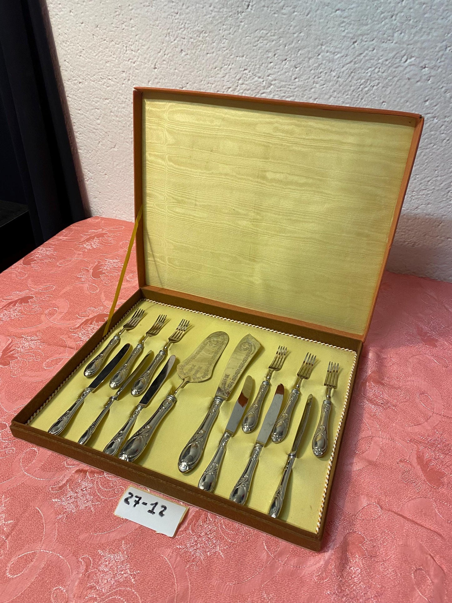 Servizio da dolce vintage in argento 800 placcato, posate con coltello e spatola in stile barocco con scatola originale come nuove originali