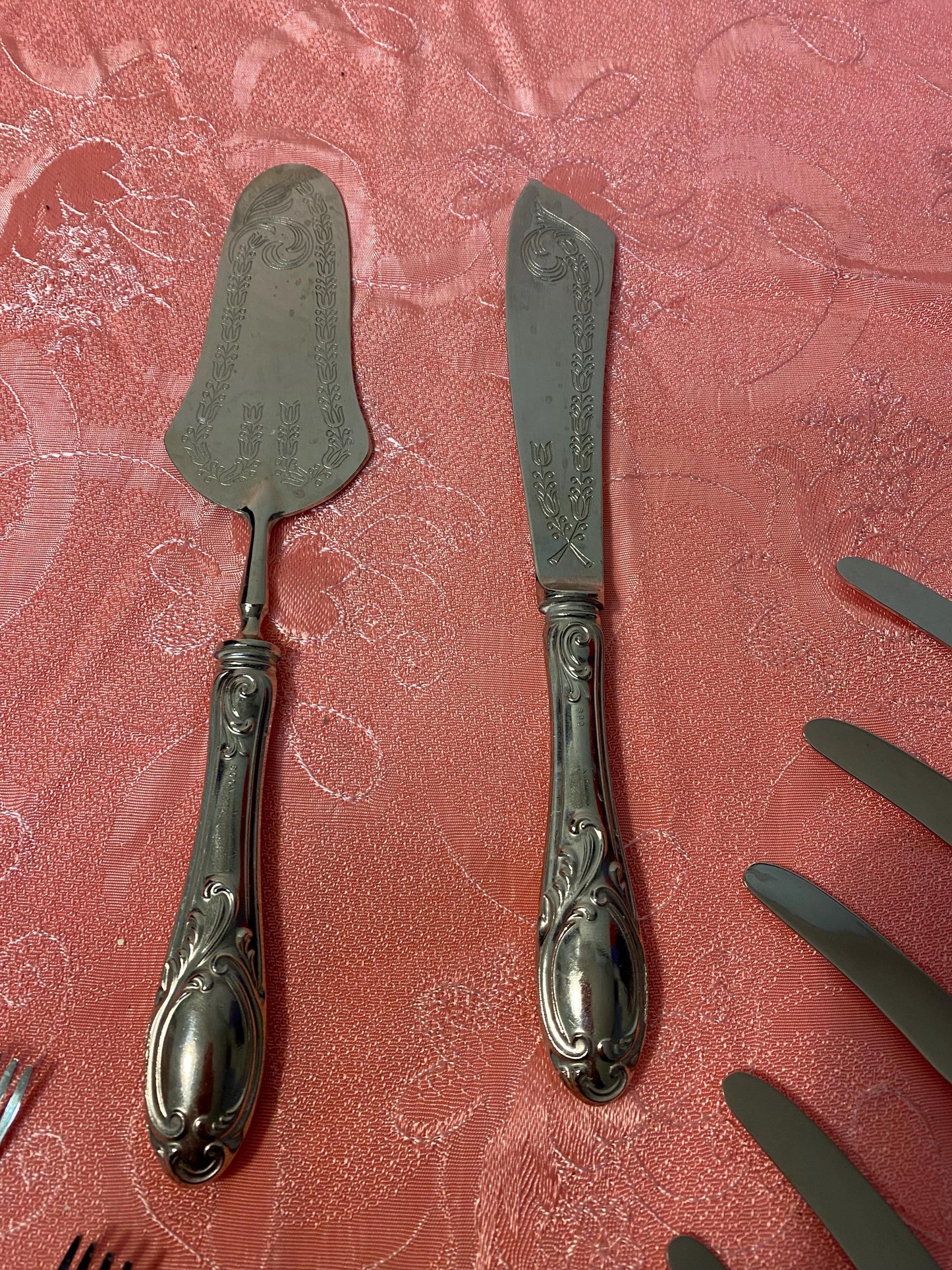 Servizio da dolce vintage in argento 800 placcato, posate con coltello e spatola in stile barocco con scatola originale come nuove originali