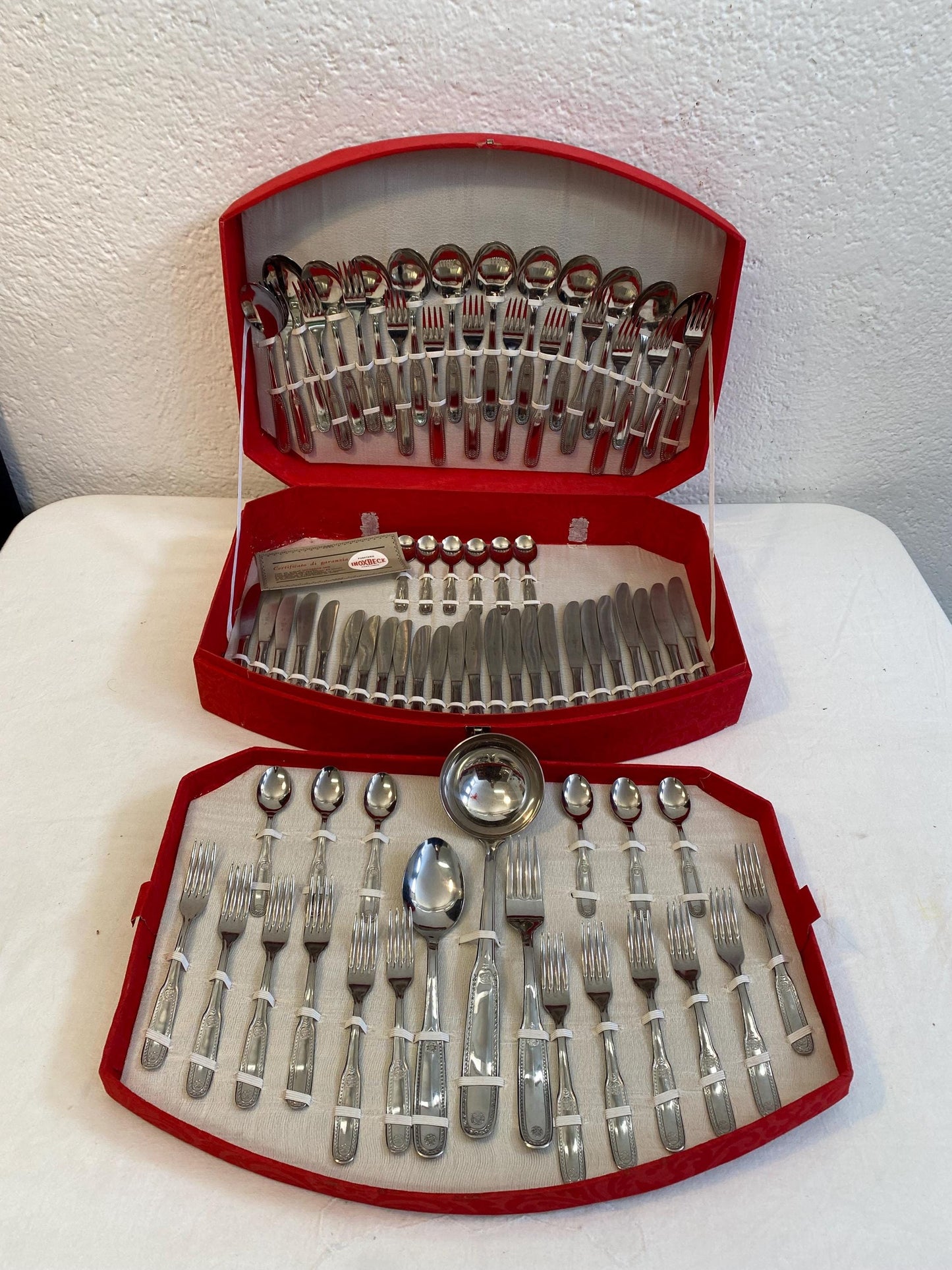 Servizio di Posate Vintage come nuove originali regalo di nozze rado per 12+12 Persone con Scatola Rossa - Completo di Mestolo e Accessori
