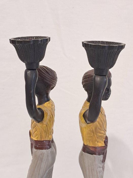 Coppia di Candelabri Vintage - Statuette in Stile Colonial - 25,5x11x7 cm