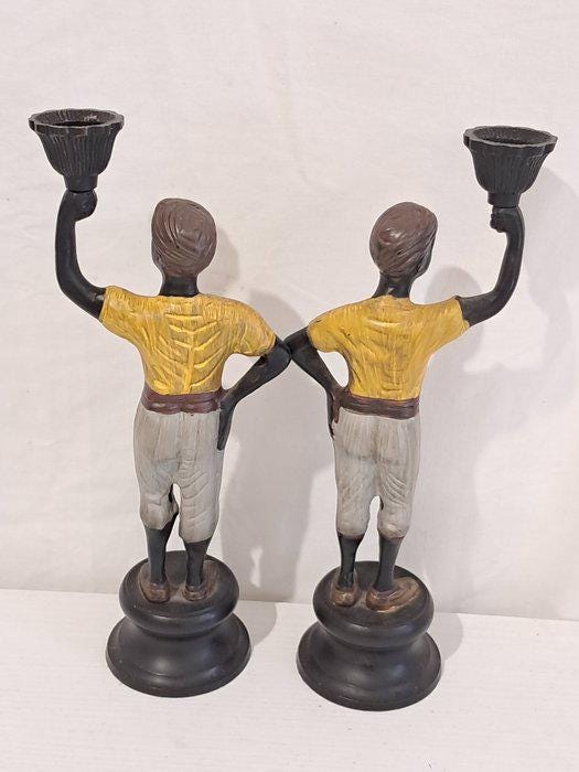 Coppia di Candelabri Vintage - Statuette in Stile Colonial - 25,5x11x7 cm