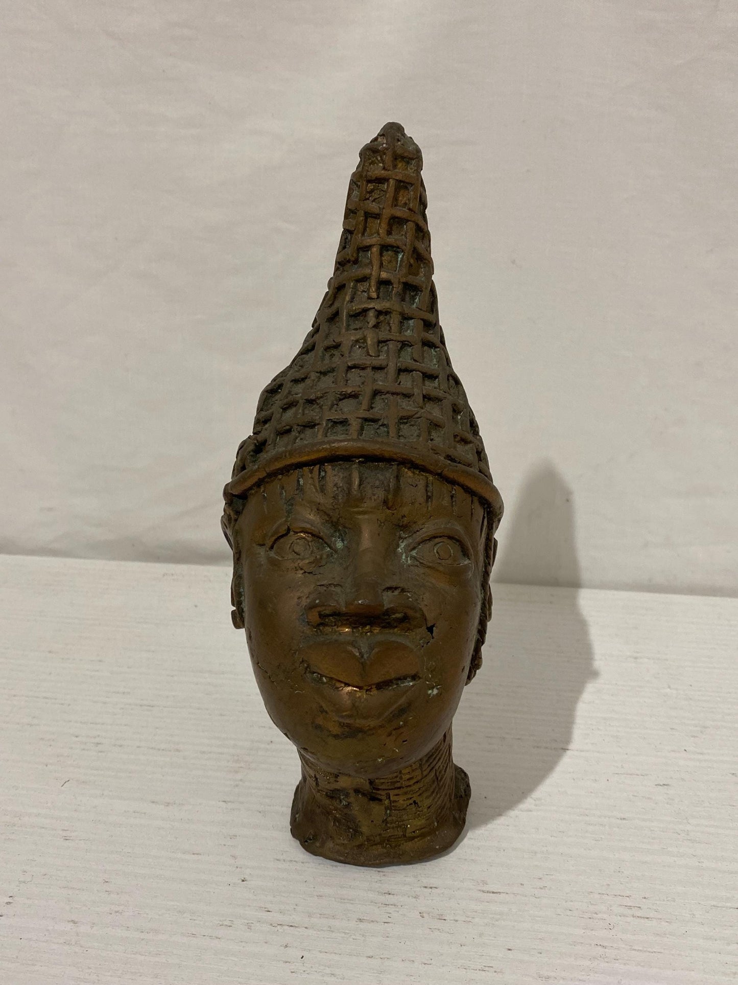 Benin Tribal Head in Vintage Bronze - Braided Design - 21x11x8 cm