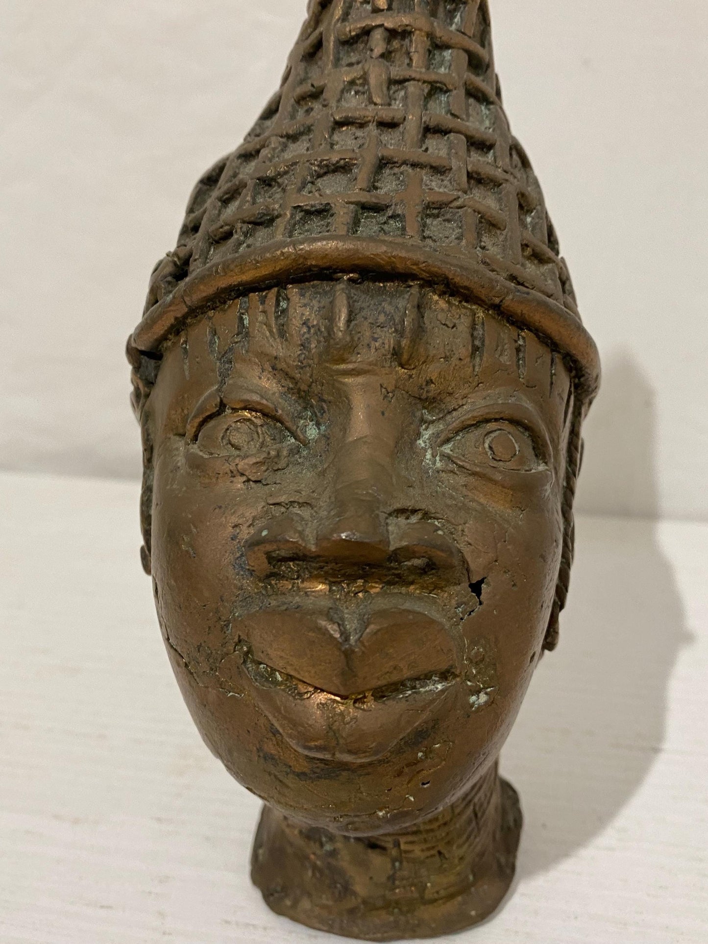 Benin Tribal Head in Vintage Bronze - Braided Design - 21x11x8 cm