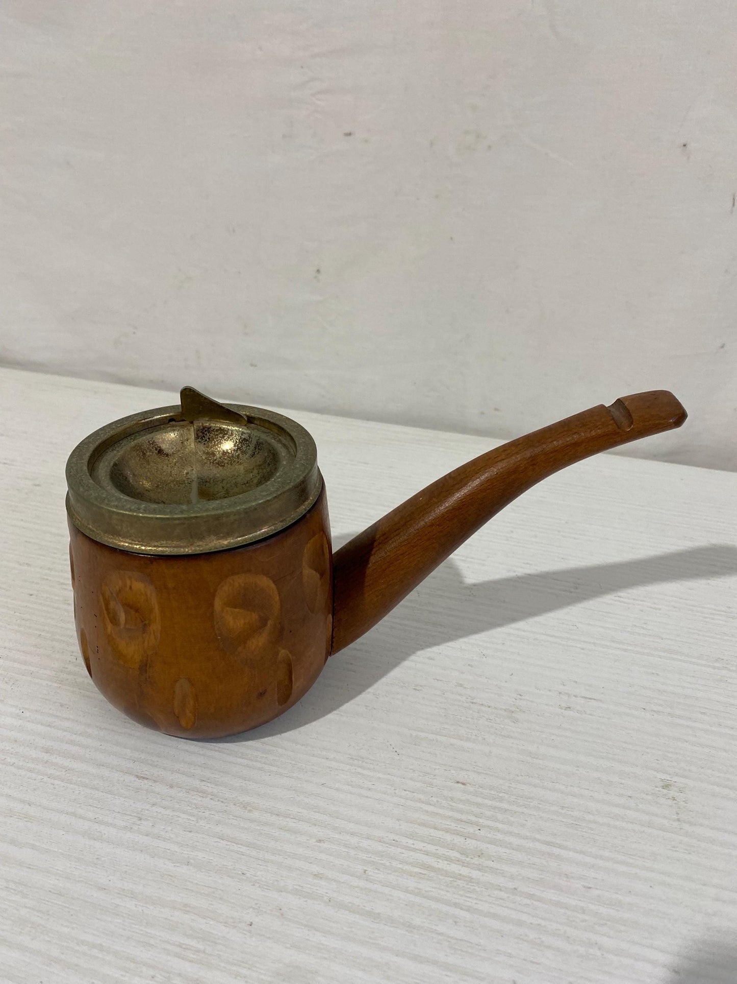 Posacenere Vintage a Forma di Pipa in Legno con Coperchio in Metallo - 9,5x20x9 cm
