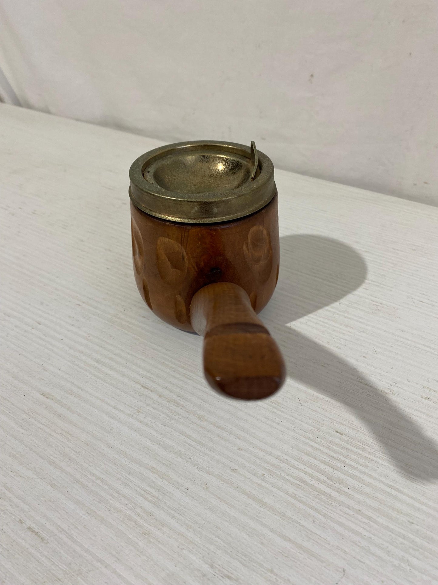 Posacenere Vintage a Forma di Pipa in Legno con Coperchio in Metallo - 9,5x20x9 cm