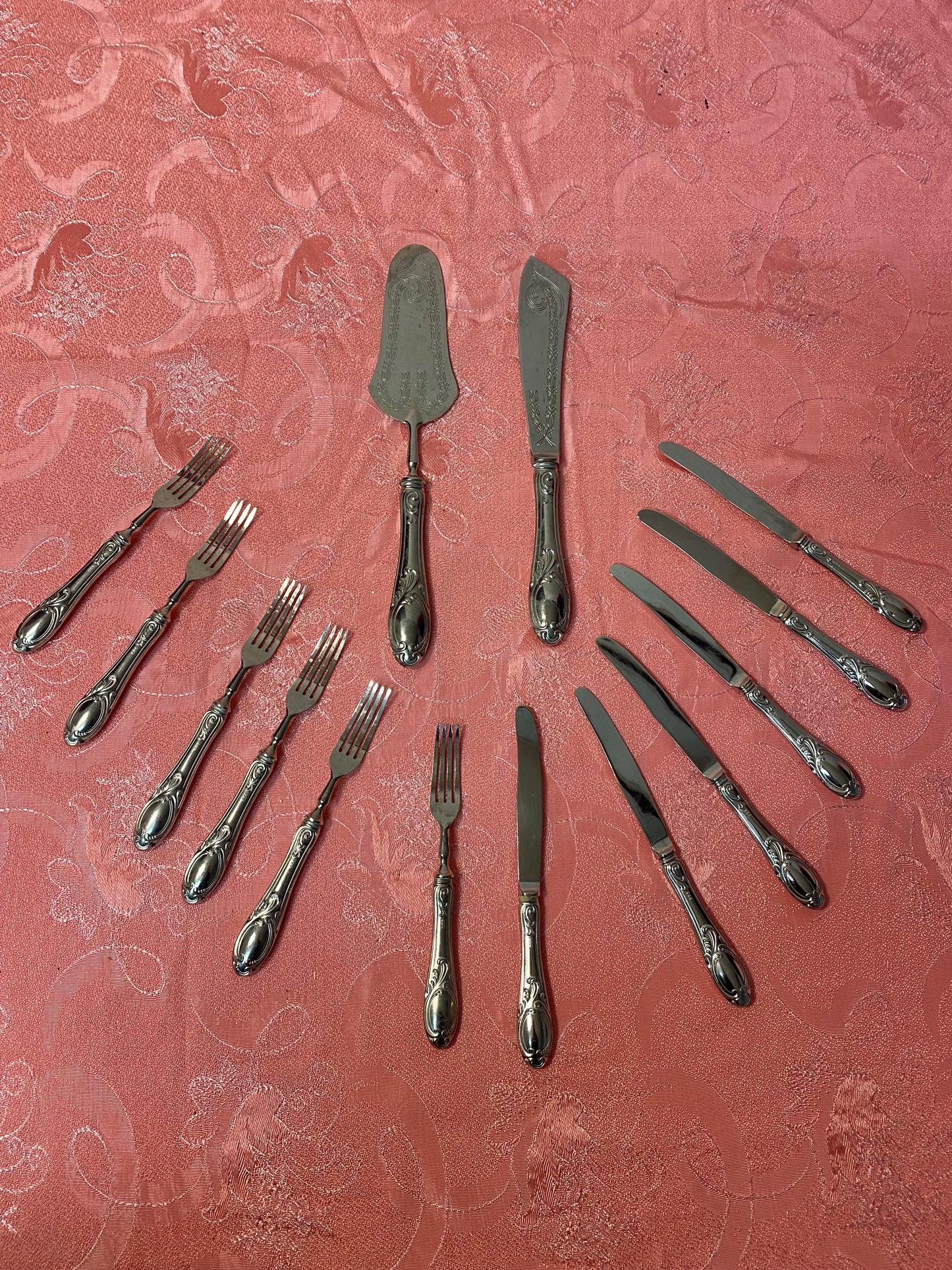 Servizio da dolce vintage in argento 800 placcato, posate con coltello e spatola in stile barocco con scatola originale come nuove originali