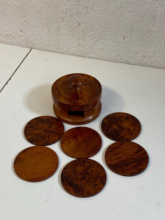Set of Vintage Walnut Burl Coasters with Elegant Handcrafted Container (7.5 cm)