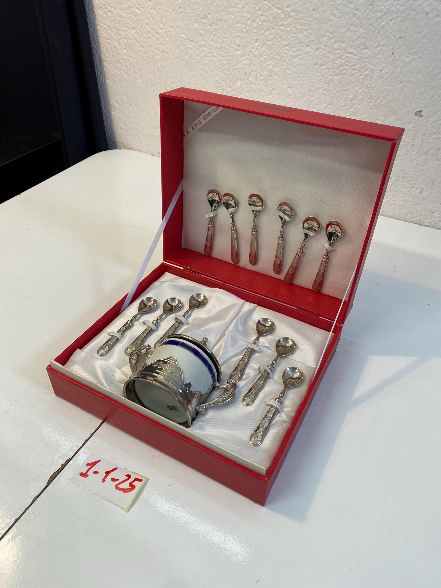 Set di Cucchiaini e Zuccheriera in Argento 800 Placcato con Scatola Originale - Eleganza Vintage