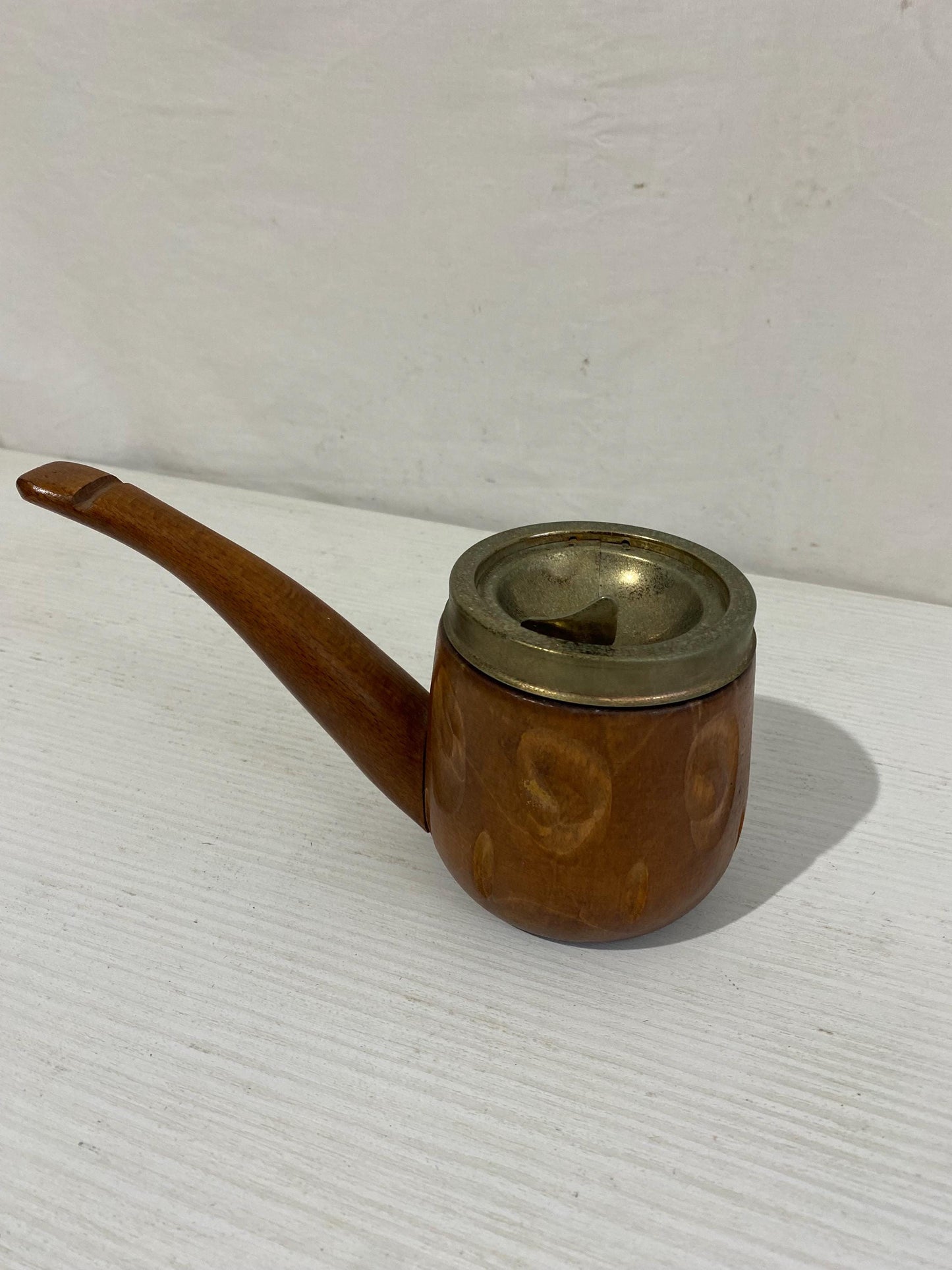 Posacenere Vintage a Forma di Pipa in Legno con Coperchio in Metallo - 9,5x20x9 cm