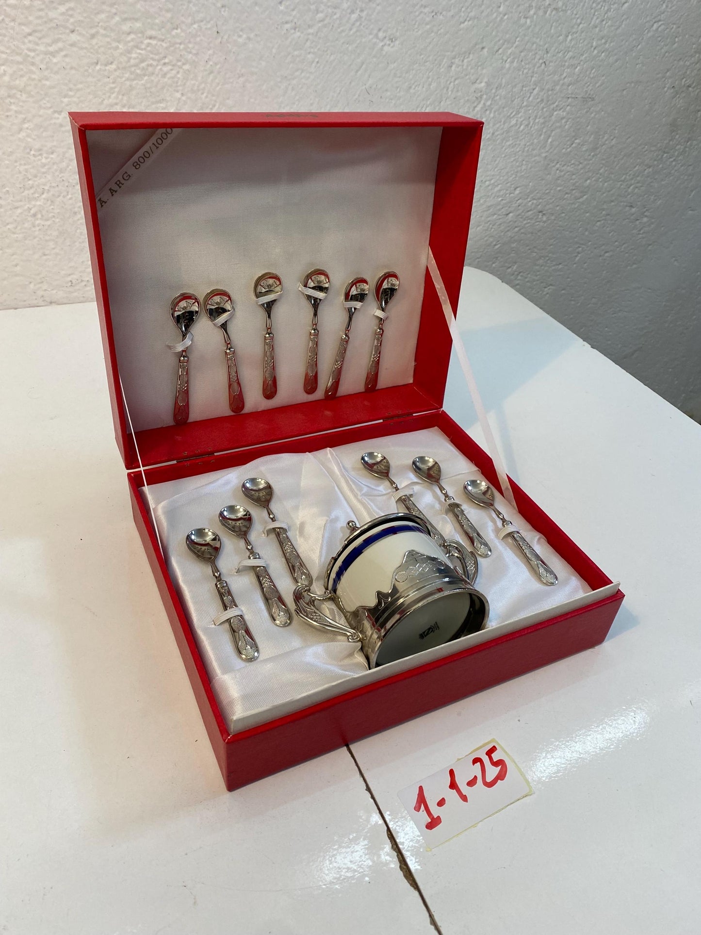 Set di Cucchiaini e Zuccheriera in Argento 800 Placcato con Scatola Originale - Eleganza Vintage