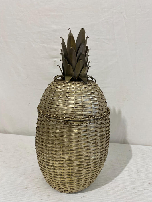 Secchiello ghiaccio vintage a forma di ananas, portaghiaccio in metallo intrecciato dorato, stile Mid-Century 35 cm