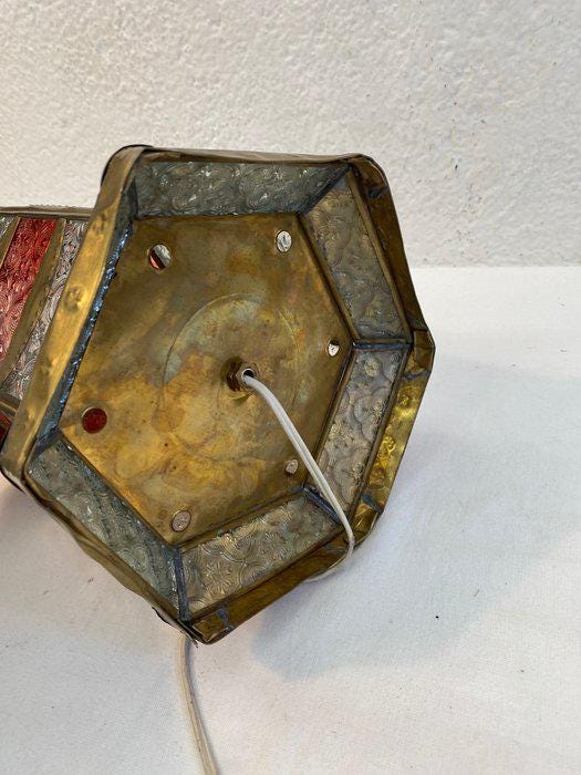 Moroccan Lamp in Brass and Colored Glass - Oriental Table or Bedside Lantern - Arabic Design with Opening Door (27x19x19 cm)