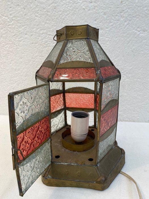 Moroccan Lamp in Brass and Colored Glass - Oriental Table or Bedside Lantern - Arabic Design with Opening Door (27x19x19 cm)