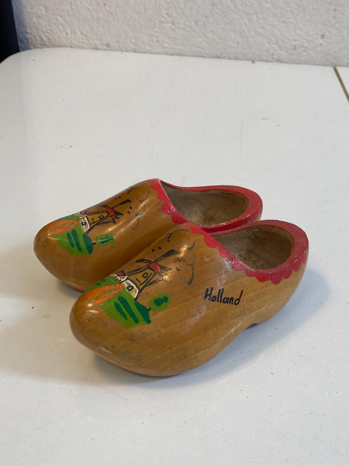 Zoccoli Olandesi Vintage in Legno Dipinti a Mano Souvenir Holland 17x7x8 cm Scarpe Folk con Mulino