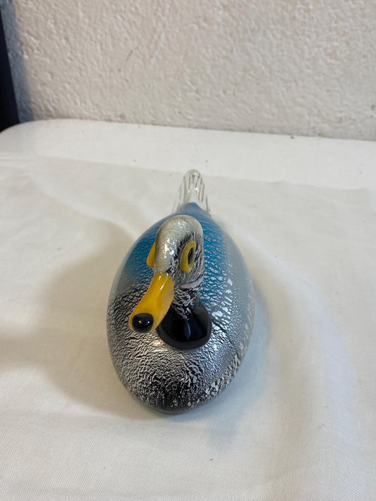 Anatra in vetro soffiato vintage Scultura decorativa 11x23 cm blu e argento Murano style anni '80 da collezione