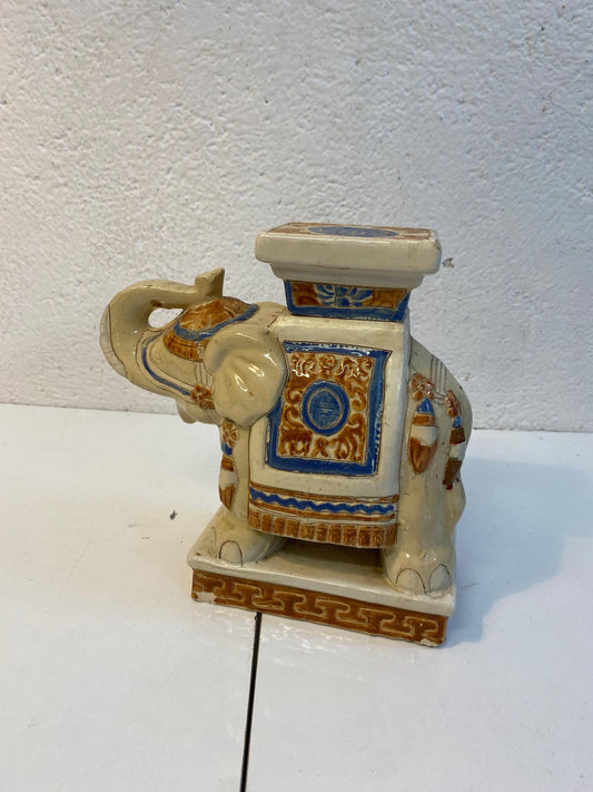 Porta vaso elefante vintage in ceramica beige e blu 27,5x28x13 cm  decorazione orientale rétro, oggetto etnico per casa zen