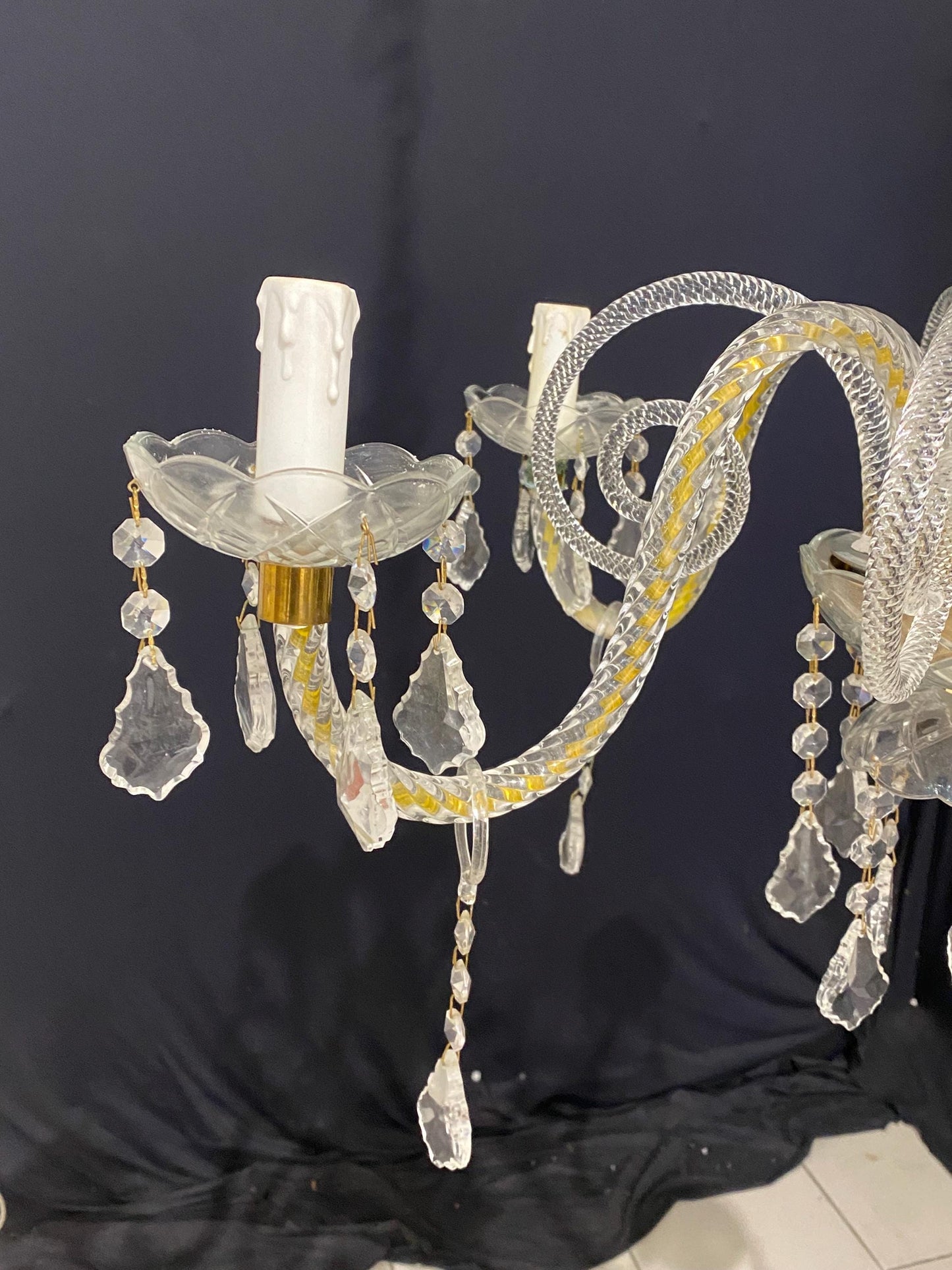 Lampadario vintage in vetro di Murano a 5 luci con pendenti, cristalli e dettagli oro, 40x60 cm regolabile stile classico raffinato