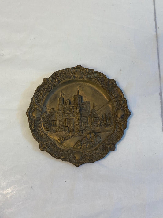 Piatto Parete Vintage Bronzo Castello Rilievo 24,5cm (9,65") Stile Barocco Decorazione Medievale Arte da Parete