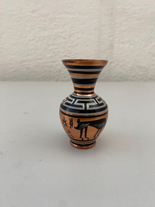 Mini vaso rame smaltato Grecia | Decorazioni egiziane dipinte a mano | Souvenir vintage 7 cm firmato Greece copper